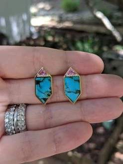 Campbell + Charlotte Wear Found Hexagon Stud Earrings - Turquoise, Pink Sapphire & Diamond