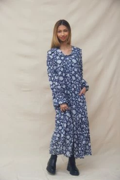 OPHELIA & INDIGO Tilly Dress Navy Dahlia Block Print Under $200