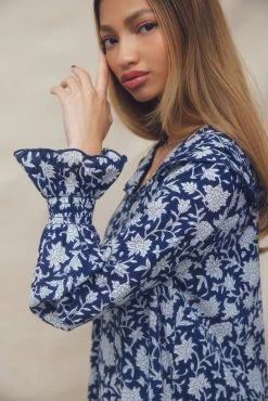 OPHELIA & INDIGO Tilly Dress Navy Dahlia Block Print Under $200