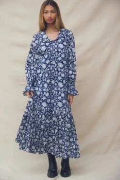 OPHELIA & INDIGO Tilly Dress Navy Dahlia Block Print Under $200