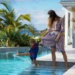 Mer St. Barth Solange Women's Pop Over Dress Mosaic Blue Block Print Wear