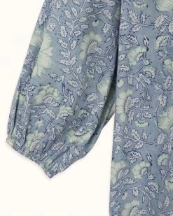 OPHELIA & INDIGO Iris Top Blue Mixed Floral Block Print