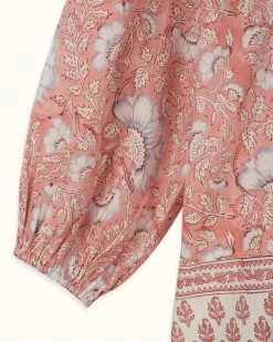 OPHELIA & INDIGO Iris Top Light Pink Mixed Floral Block Print Wear