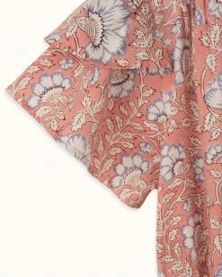 OPHELIA & INDIGO Ella Dress Pink And Blue Dianthus Block Print