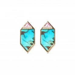 Campbell + Charlotte Wear Found Hexagon Stud Earrings - Turquoise, Pink Sapphire & Diamond