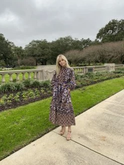 Sue Sartor Wear Paloma Flounce Dress, Cinnabar Cobalt Black & Alhambra