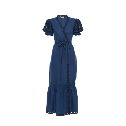 Fanm Mon Cide Indigo Blue Linen V Neck Embroidered Midi Dress Wear
