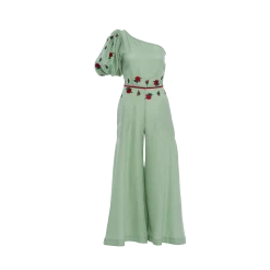 Fanm Mon Datcha Mint Green Linen One Shoulder Jumpsuit
