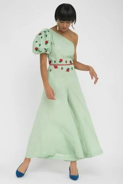 Fanm Mon Datcha Mint Green Linen One Shoulder Jumpsuit