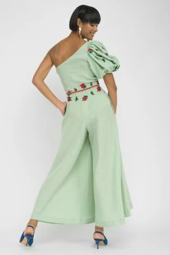 Fanm Mon Datcha Mint Green Linen One Shoulder Jumpsuit