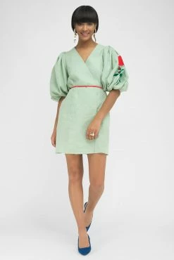 Fanm Mon Nif Green Mint Linen Green Embroidery Mini Dress