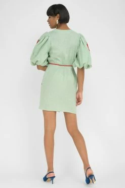 Fanm Mon Nif Green Mint Linen Green Embroidery Mini Dress