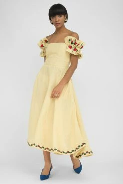 Fanm Mon Alanya Linen Off On Shoulder Embroidered Midi Dress Wear