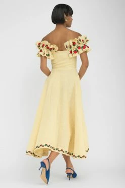 Fanm Mon Alanya Linen Off On Shoulder Embroidered Midi Dress Wear