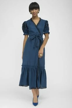 Fanm Mon Cide Indigo Blue Linen V Neck Embroidered Midi Dress Wear