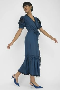 Fanm Mon Cide Indigo Blue Linen V Neck Embroidered Midi Dress Wear