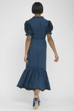 Fanm Mon Cide Indigo Blue Linen V Neck Embroidered Midi Dress Wear