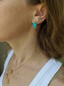 Campbell + Charlotte Wear Found Hexagon Stud Earrings - Turquoise, Pink Sapphire & Diamond