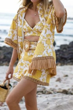 Zimmermann Wear Postcard Fringe Shirt, Yellow Tonal Floral