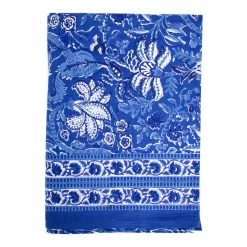 Hibiscus Linens Live Block Print Rectangular Table Cloth Blue On Blue Botanicals