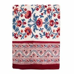 Hibiscus Linens Block Print Rectangular Table Cloth Red And Peach Flowers Live