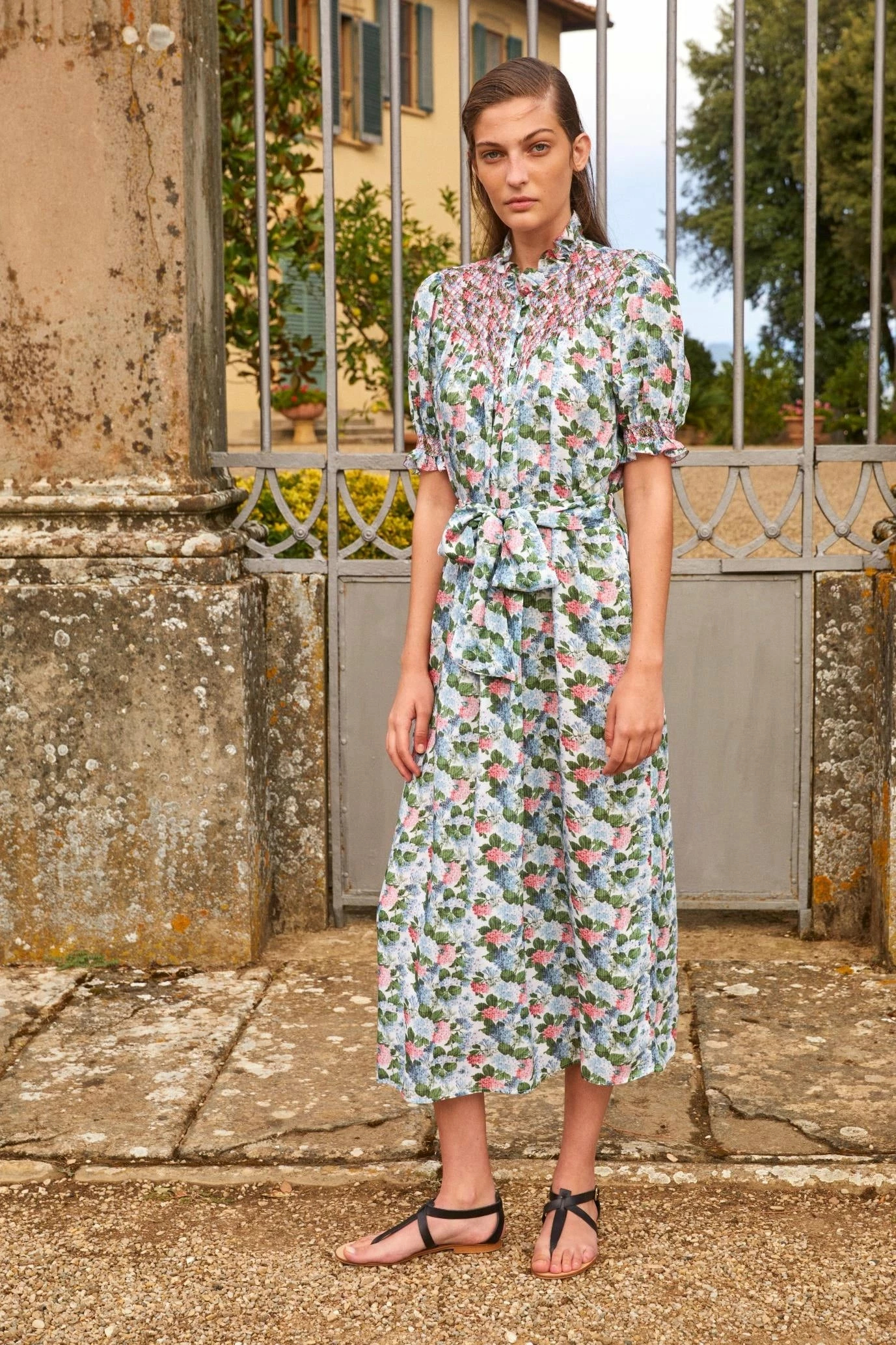 Loretta Caponi Wear Elena Dress, Pinstriped Hydrangeas 2 Loretta Caponi Wear Elena Dress, Pinstriped Hydrangeas