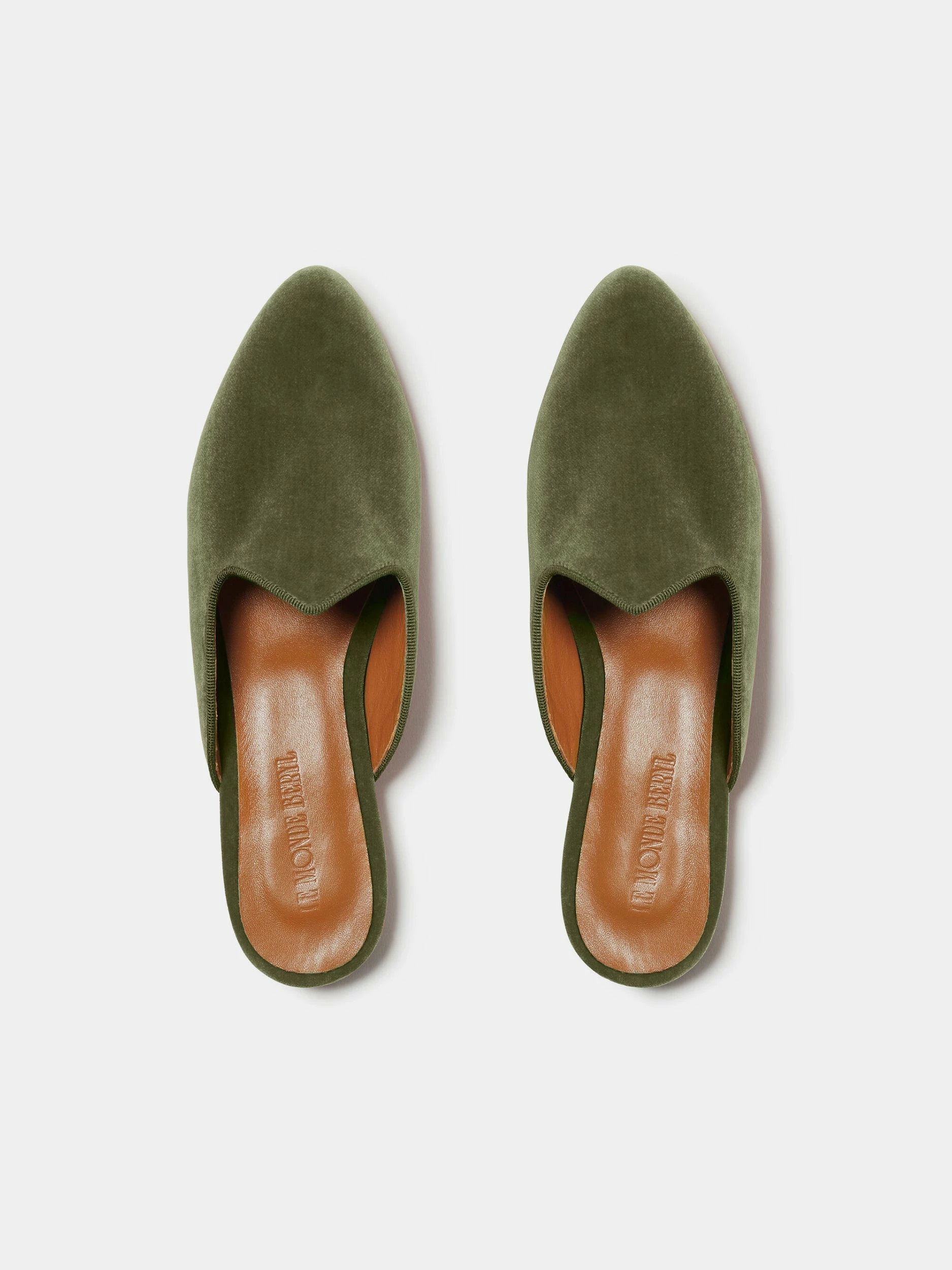 Le Monde Béryl Venetian Mule In Olive Green Velvet Wear 2 Le Monde Béryl Venetian Mule In Olive Green Velvet Wear