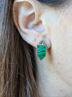Campbell + Charlotte Wear Found Hexagon Stud Earrings - Malachite, Amethyst & Diamond