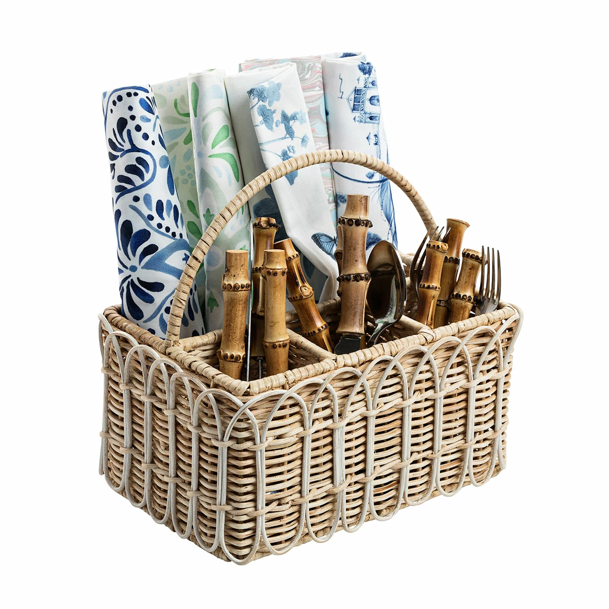 Juliska Provence Rattan Whitewash Silverware Caddy With Place For Napkins Serving Pieces 4 Juliska Provence Rattan Whitewash Silverware Caddy With Place For Napkins Serving Pieces