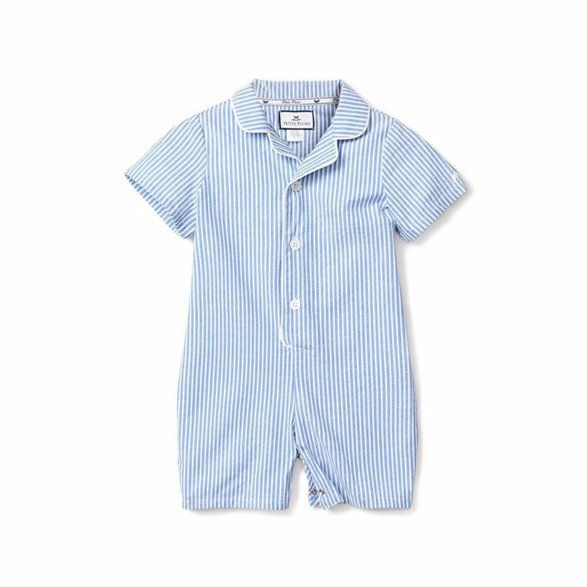 Petite Plume For Kids French Blue Seersucker Summer Romper 1 Petite Plume For Kids French Blue Seersucker Summer Romper
