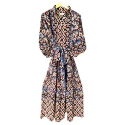 Sue Sartor Wear Paloma Flounce Dress, Cinnabar Cobalt Black & Alhambra