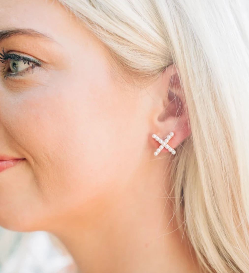 Nicola Bathie Embellished Criss Cross Stud, Pearl Wear 3 Nicola Bathie Embellished Criss Cross Stud, Pearl Wear