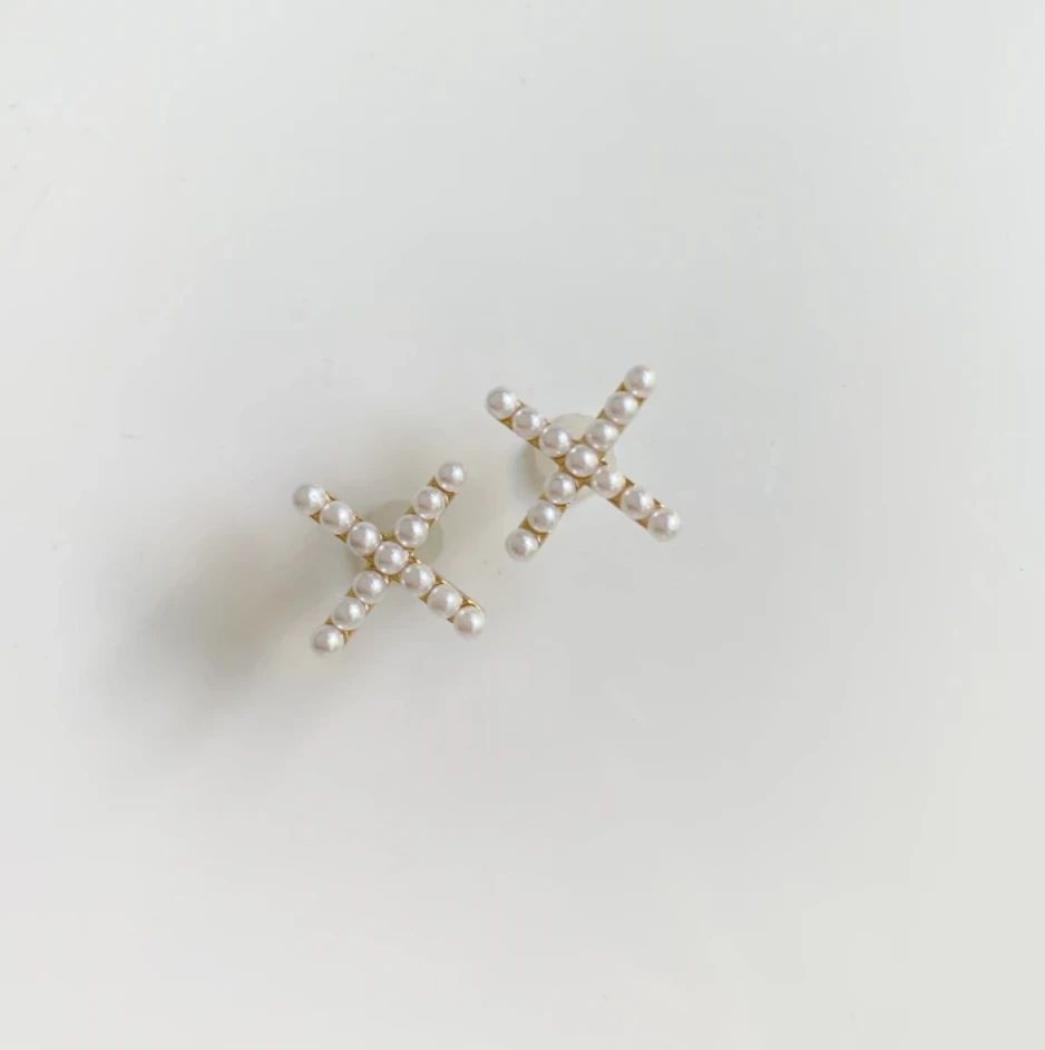 Nicola Bathie Embellished Criss Cross Stud, Pearl Wear 2 Nicola Bathie Embellished Criss Cross Stud, Pearl Wear