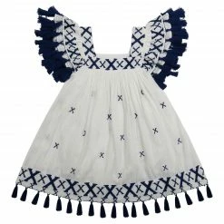 Mer St. Barth Serena Girl's Tassel Dress Navy Xs Embroidery Dress For Kids