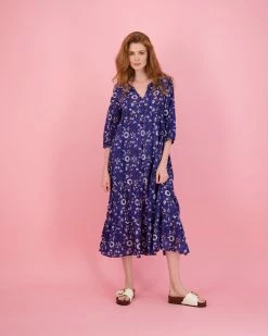 Mer St. Barth Talia Women's Maxi Dress Bagru Blue Block Print