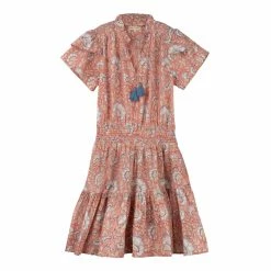 OPHELIA & INDIGO Ella Dress Pink And Blue Dianthus Block Print
