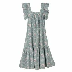 OPHELIA & INDIGO Flora Dress Mint And Lilac Dianthus Block Print Wear