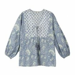 OPHELIA & INDIGO Iris Top Blue Mixed Floral Block Print