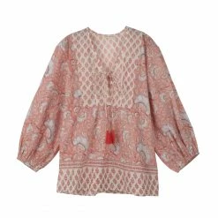 OPHELIA & INDIGO Iris Top Light Pink Mixed Floral Block Print Wear