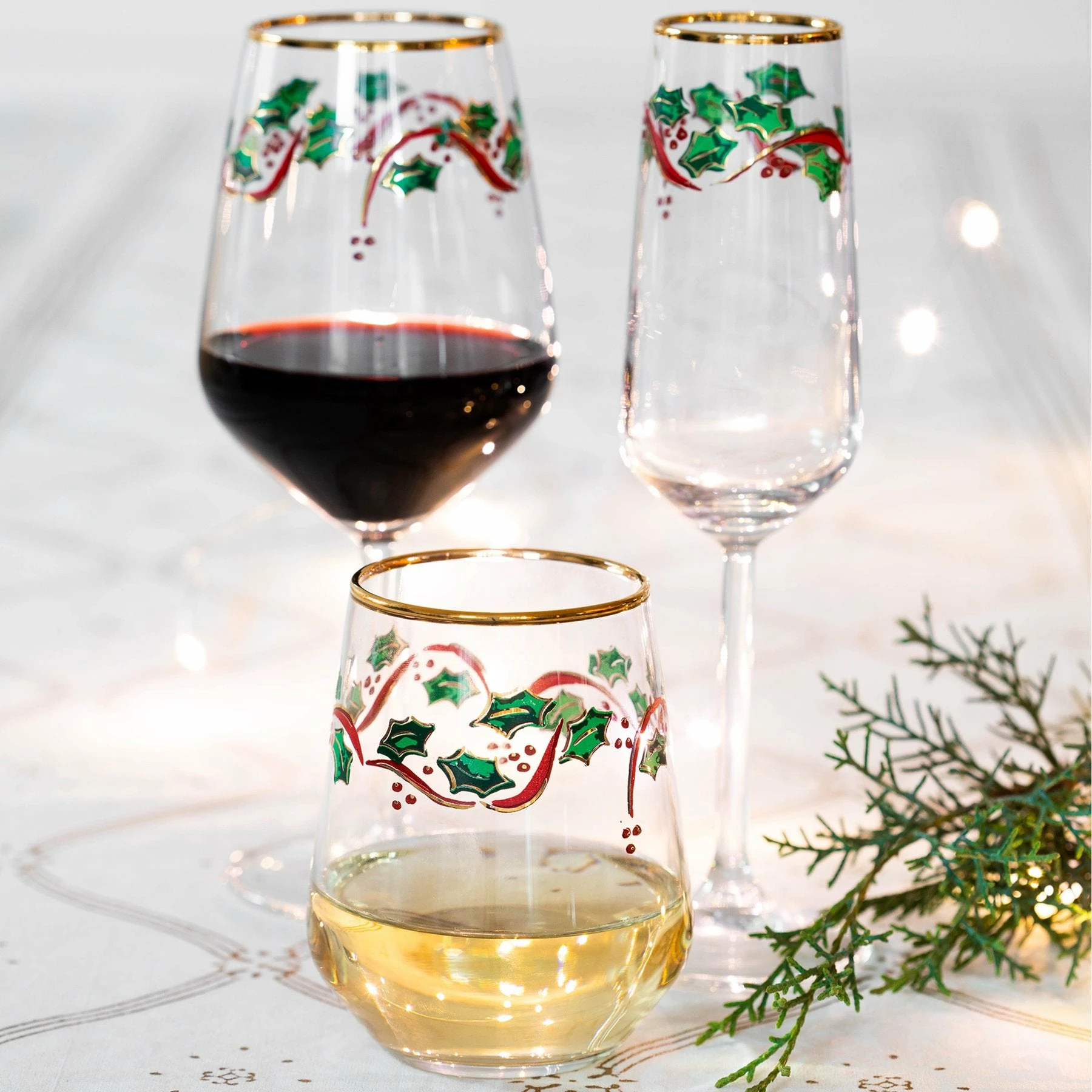 Vietri Holly Stemless Wine Glass Live 2 Vietri Holly Stemless Wine Glass Live