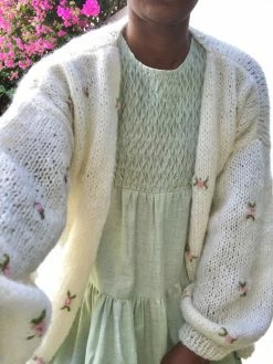 Fanm Mon Wear Winter Bloom Cardigan With Pink Green Embroidery