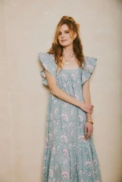 OPHELIA & INDIGO Flora Dress Mint And Lilac Dianthus Block Print Wear