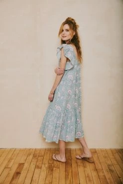 OPHELIA & INDIGO Flora Dress Mint And Lilac Dianthus Block Print Wear