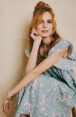 OPHELIA & INDIGO Flora Dress Mint And Lilac Dianthus Block Print Wear