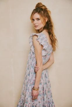 OPHELIA & INDIGO Flora Dress Blue And Pink Floral Stripe Block Print Wear