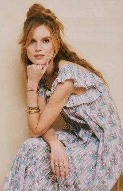 OPHELIA & INDIGO Flora Dress Blue And Pink Floral Stripe Block Print Wear