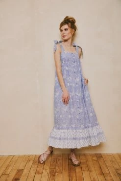OPHELIA & INDIGO Maisy Dress Blue Floral Block Print Wear