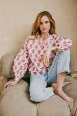 OPHELIA & INDIGO Lily Top Pink Paisley Block Print