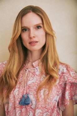 OPHELIA & INDIGO Ella Dress Pink And Blue Dianthus Block Print