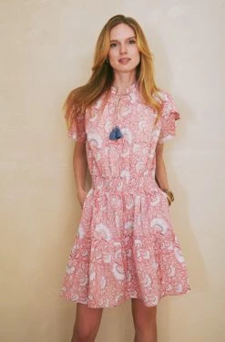 OPHELIA & INDIGO Ella Dress Pink And Blue Dianthus Block Print